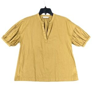 Everlane Cotton Puff Sleeve Shirt Ochre Yellow V Neck Split Neck Blouse 4 Womens